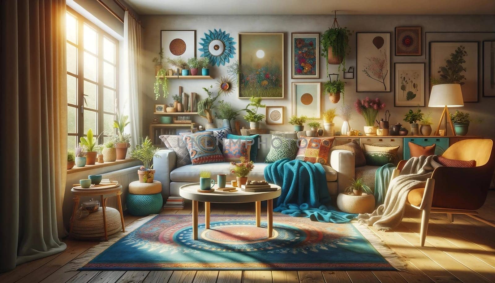 Sunlit Bohemian Oasis: A Cozy Living Room Bathed in Warm Sunlight, Boho Style by SweCreatives