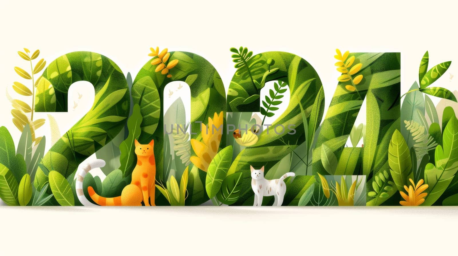 A picture of a number 2024 with cats and plants in the background