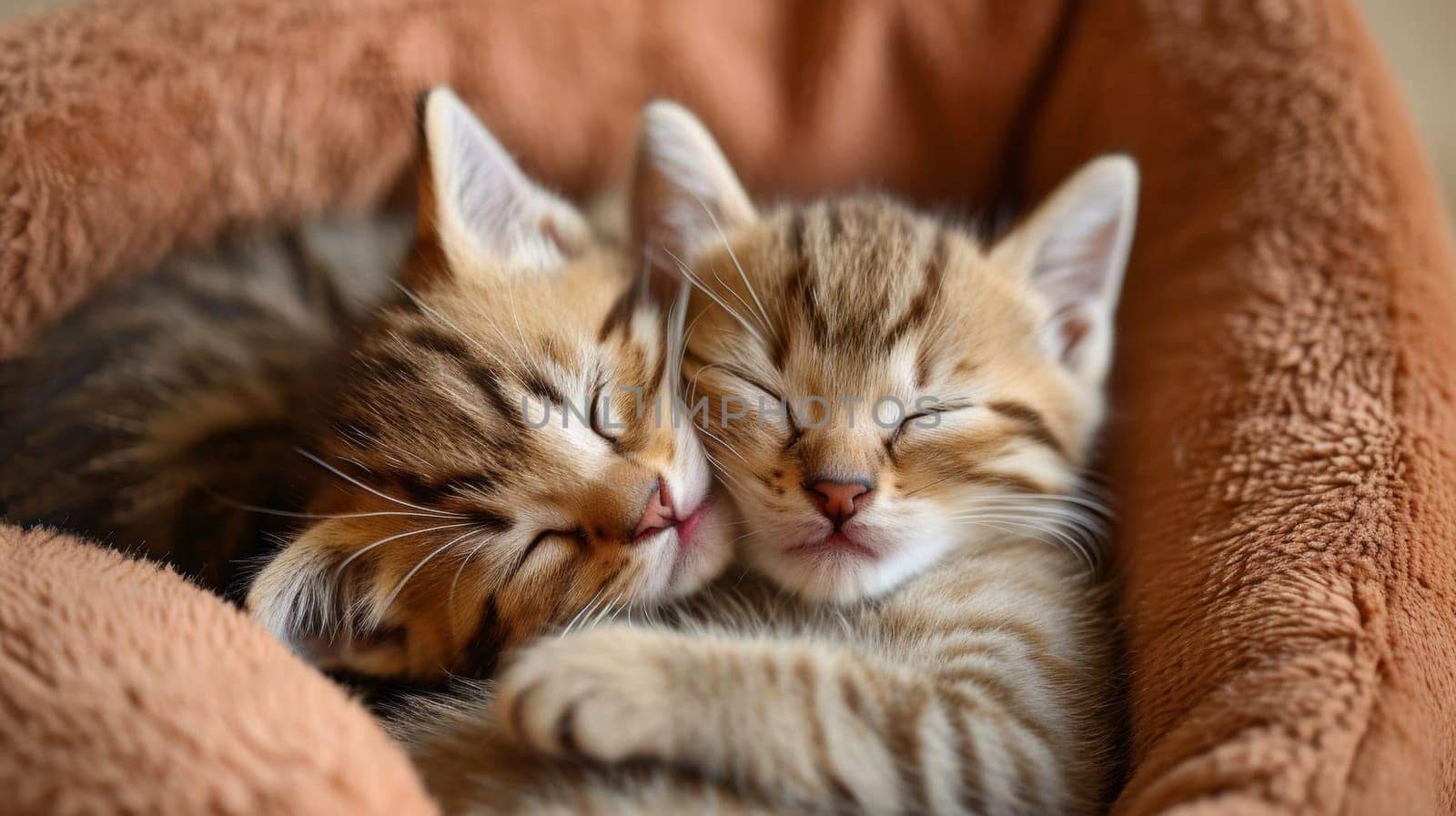 Two kittens are sleeping together in a small bed