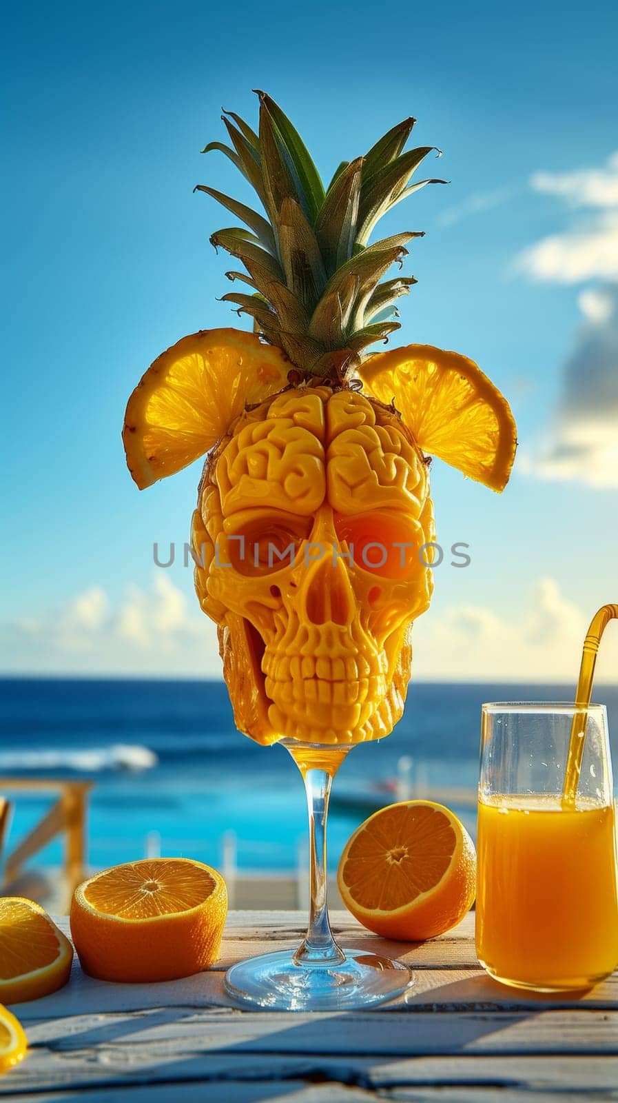 A glass of a pineapple head with orange slices in it