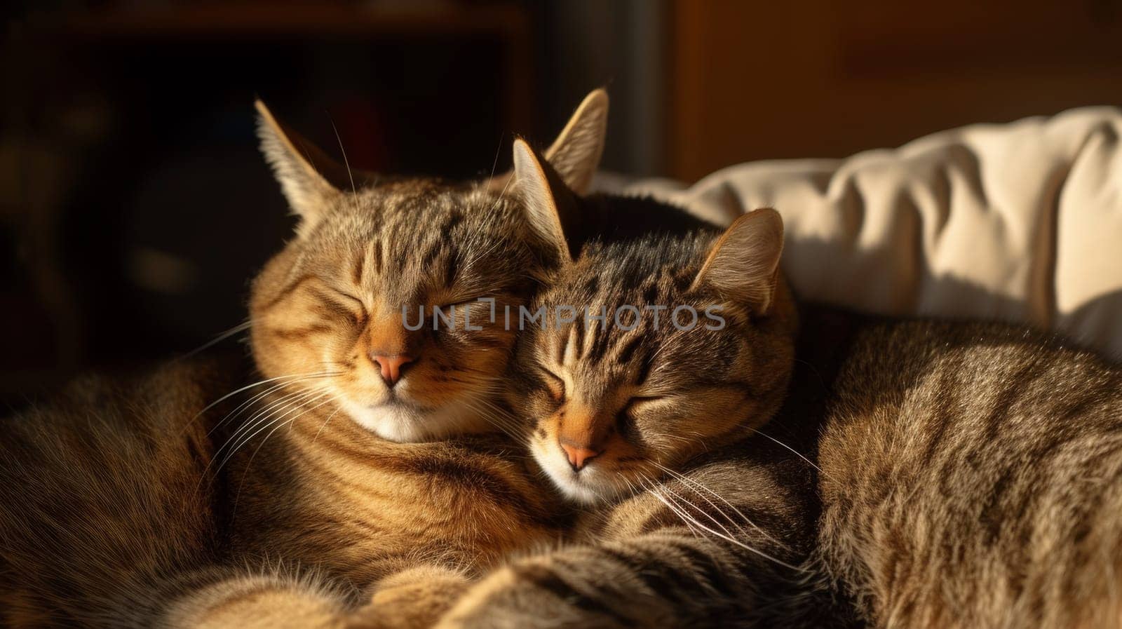 Two cats are cuddling together on a couch in the sun