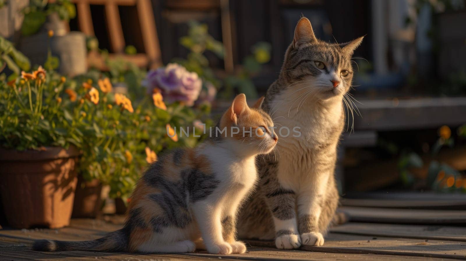 A cat sitting next to another cat on a wooden deck