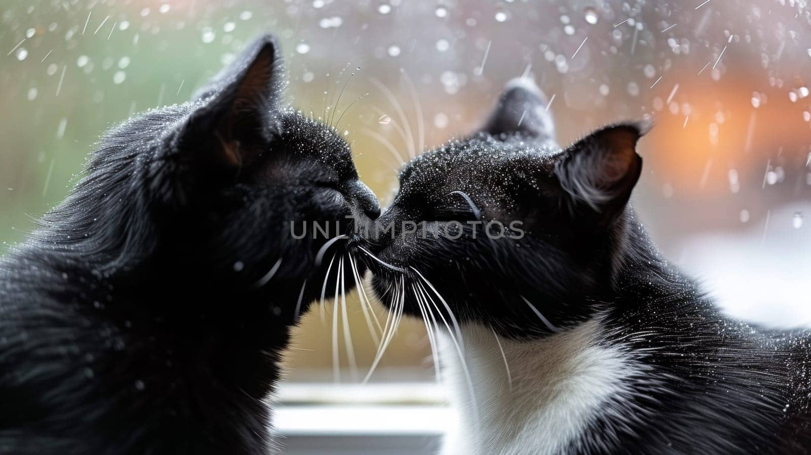 Two cats are kissing each other in front of a window