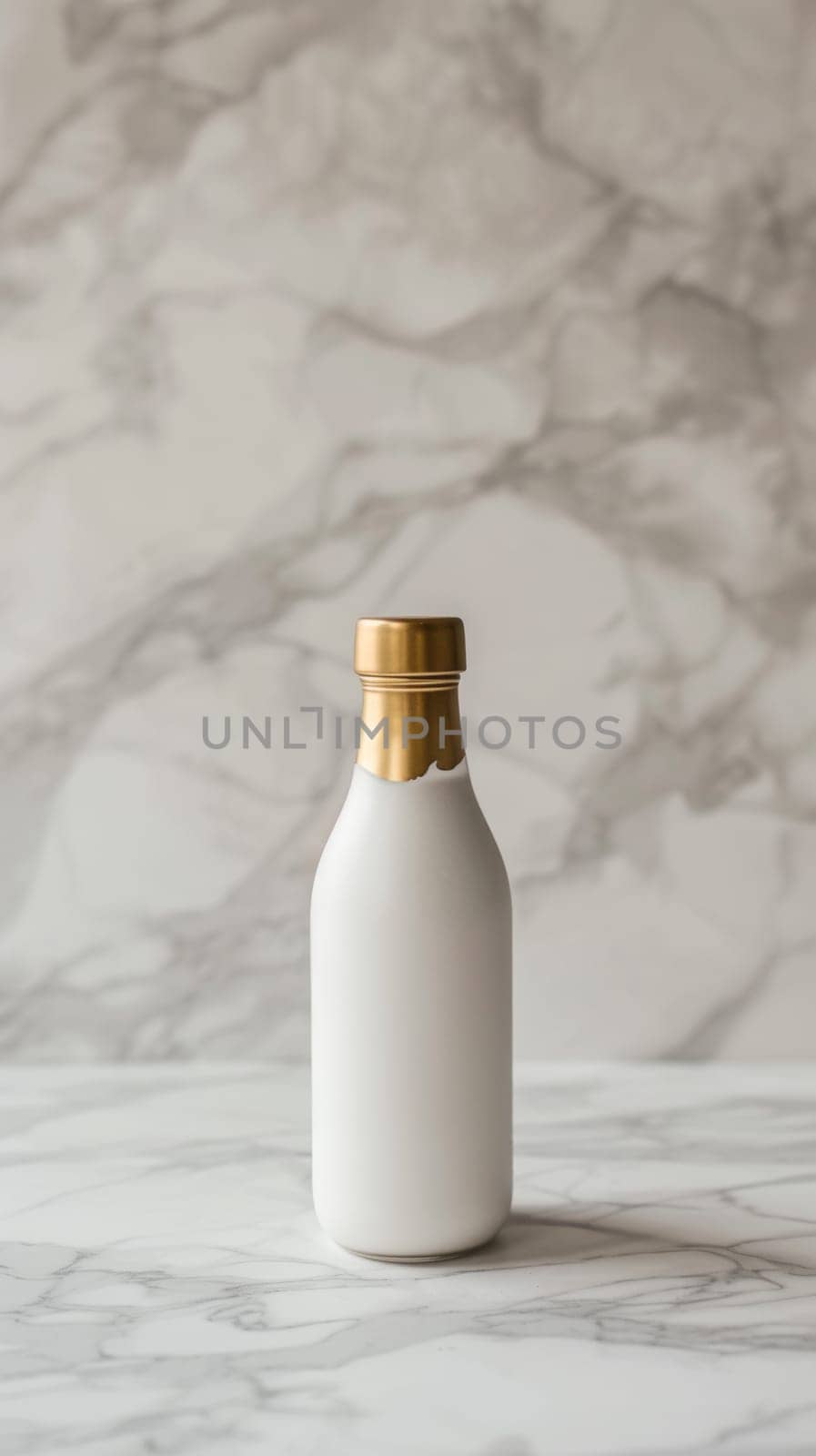 A white and gold bottle on a marble counter top