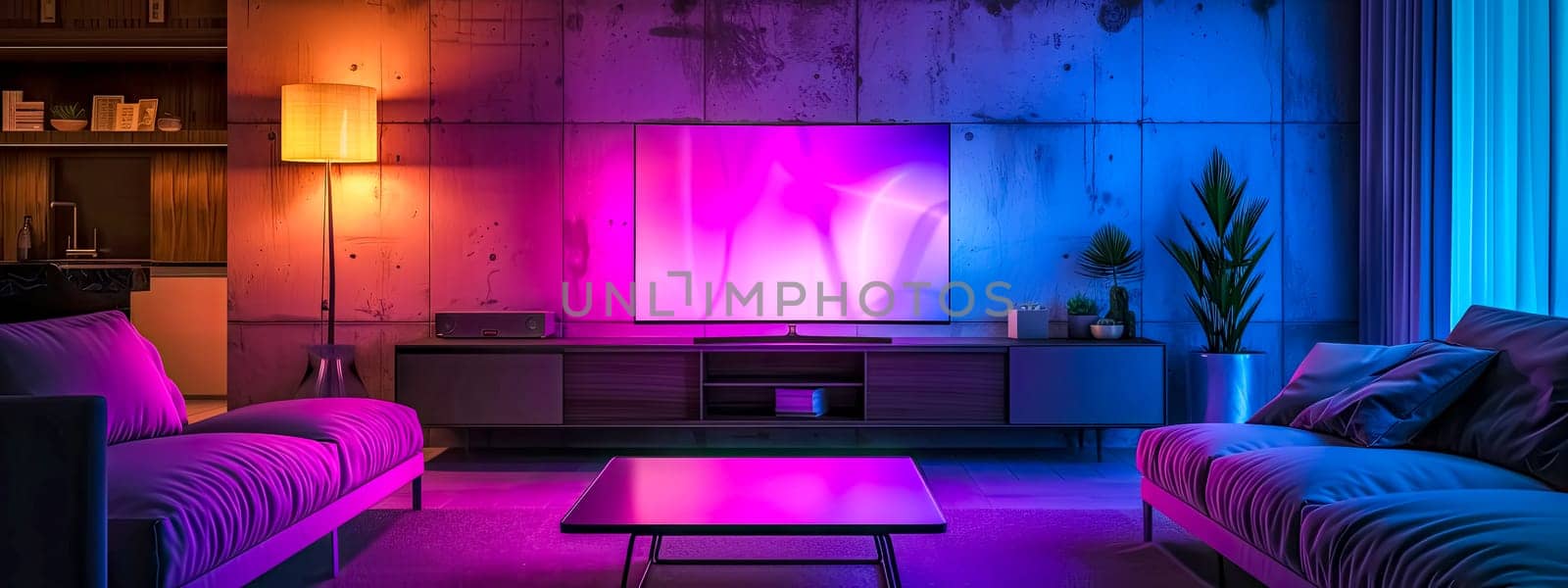 Neon Lit Living Room with Modern Aesthetic and Ambient Lighting.