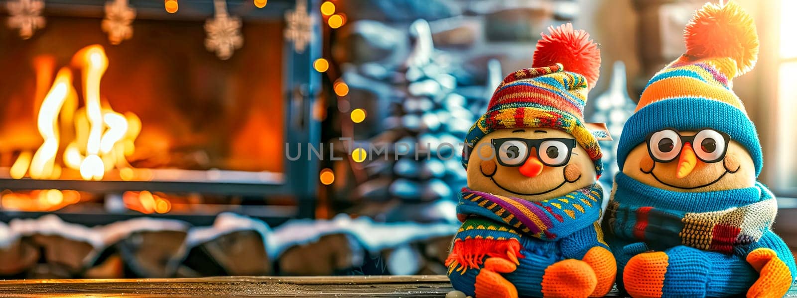 Cozy Knitted Snowmen by Fireplace by Edophoto