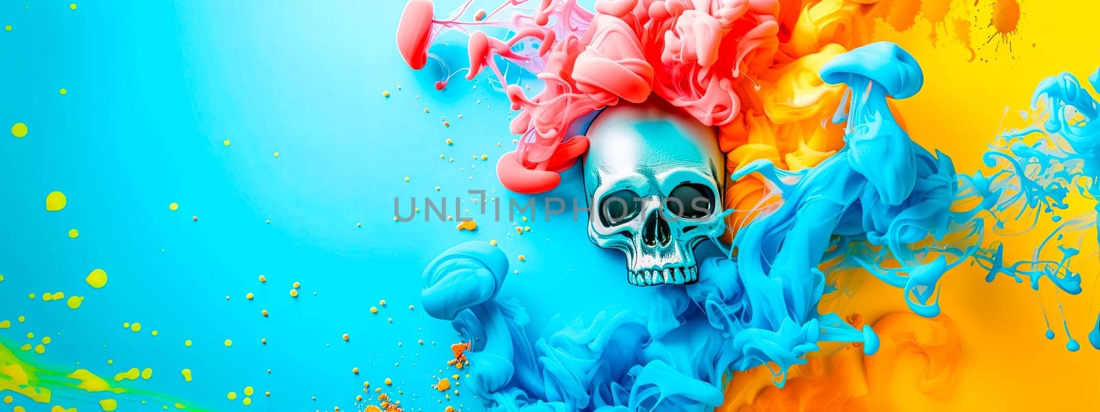 Vibrant Skull with Colorful Ink Splashes on Blue and Yellow Background, copy space