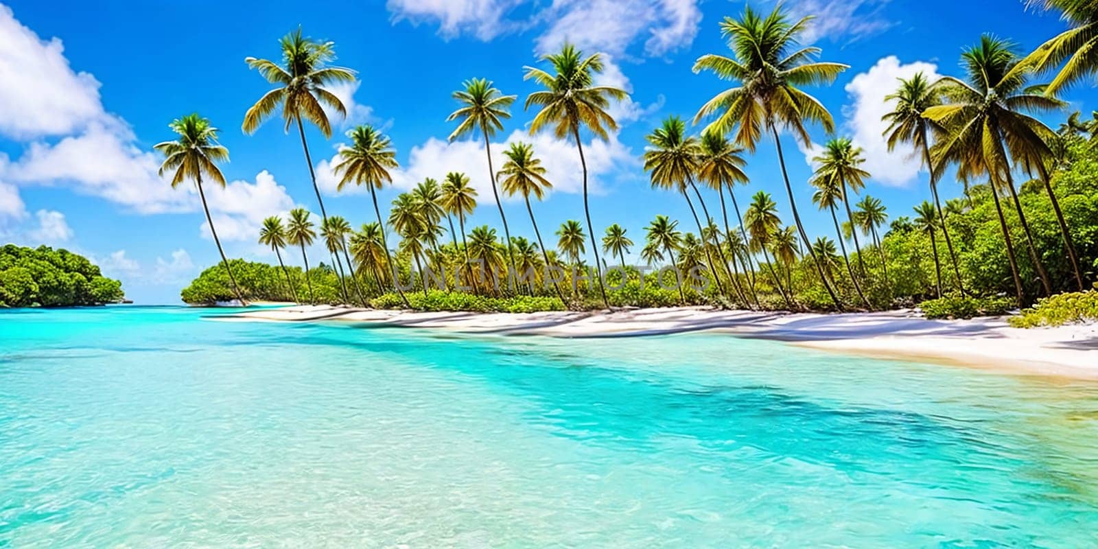 A tranquil sea stretches alongside a long white beach, where a gracefully curved palm tree sways in the breeze.