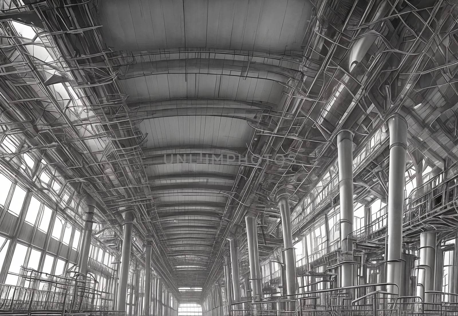 Industrial Symmetry. Industrial structures, machinery, architecture with symmetry and repetitive patterns, showcasing the beauty of industrial design. Generative AI.