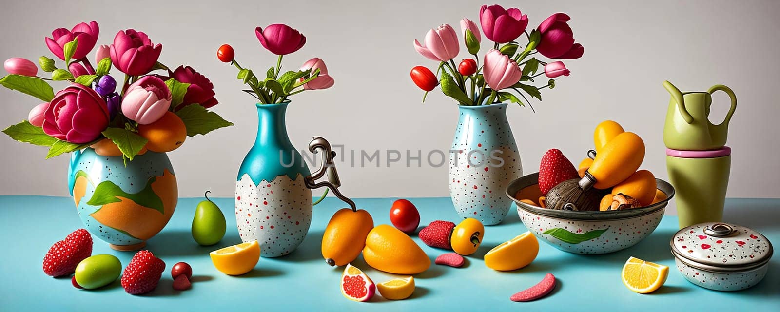 Whimsical still life. Creative and whimsical still life compositions with everyday objects, focusing on playful arrangements, color contrasts, and storytelling elements. Generative AI.