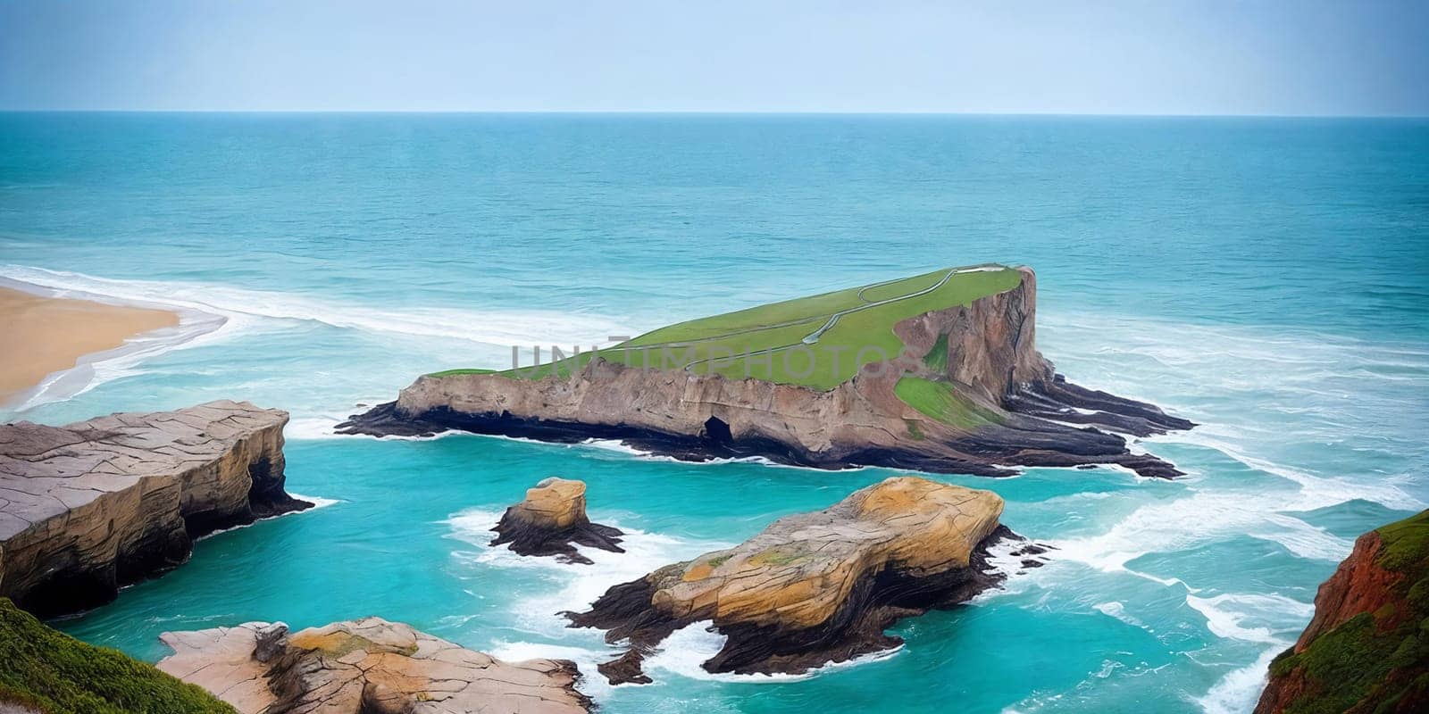 Stunning seascape, cliffs towering over the coastline, waves crashing below. Panorama. Generative AI.