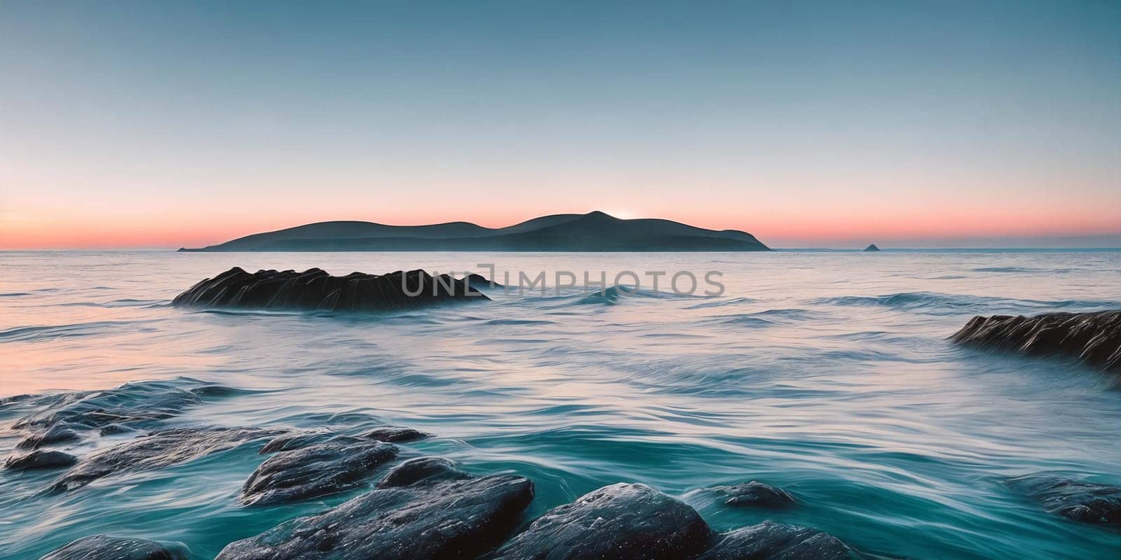 A breathtaking seascape with stones, set against the backdrop of a colorful sunset on the horizon. Panorama. Generative AI.