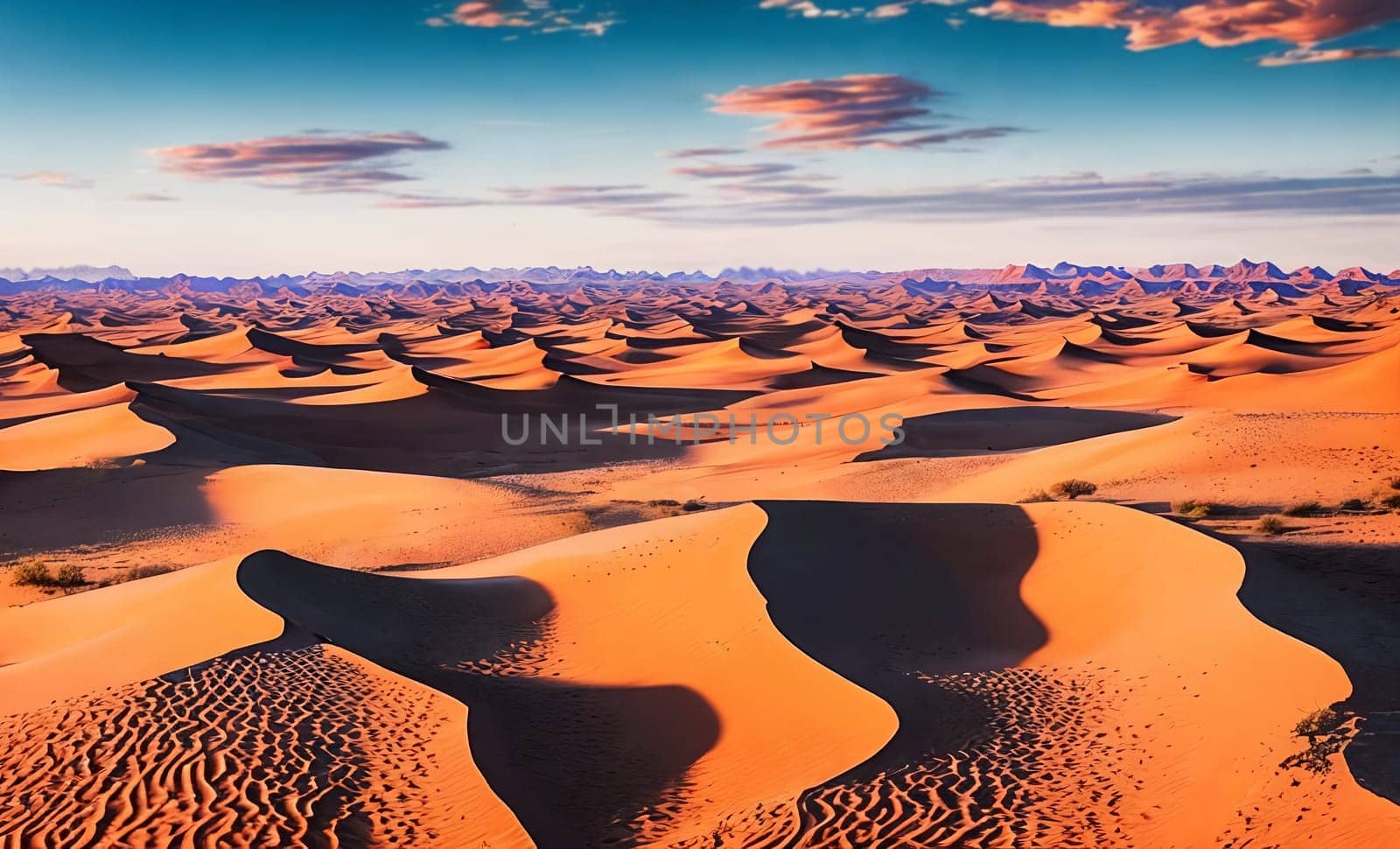 A vast desert expanse with rolling dunes under a cloudy, sunny sky. Generative AI
