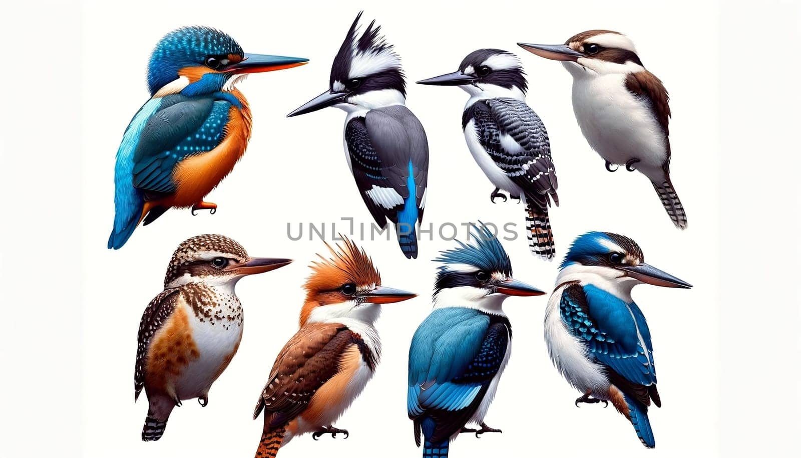 Collection of Different Types of Kingfisher Birds Against White background by SweCreatives