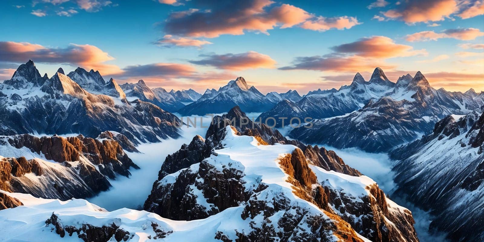 Snowy mountain peaks under a sky panorama. Generative AI. by GoodOlga