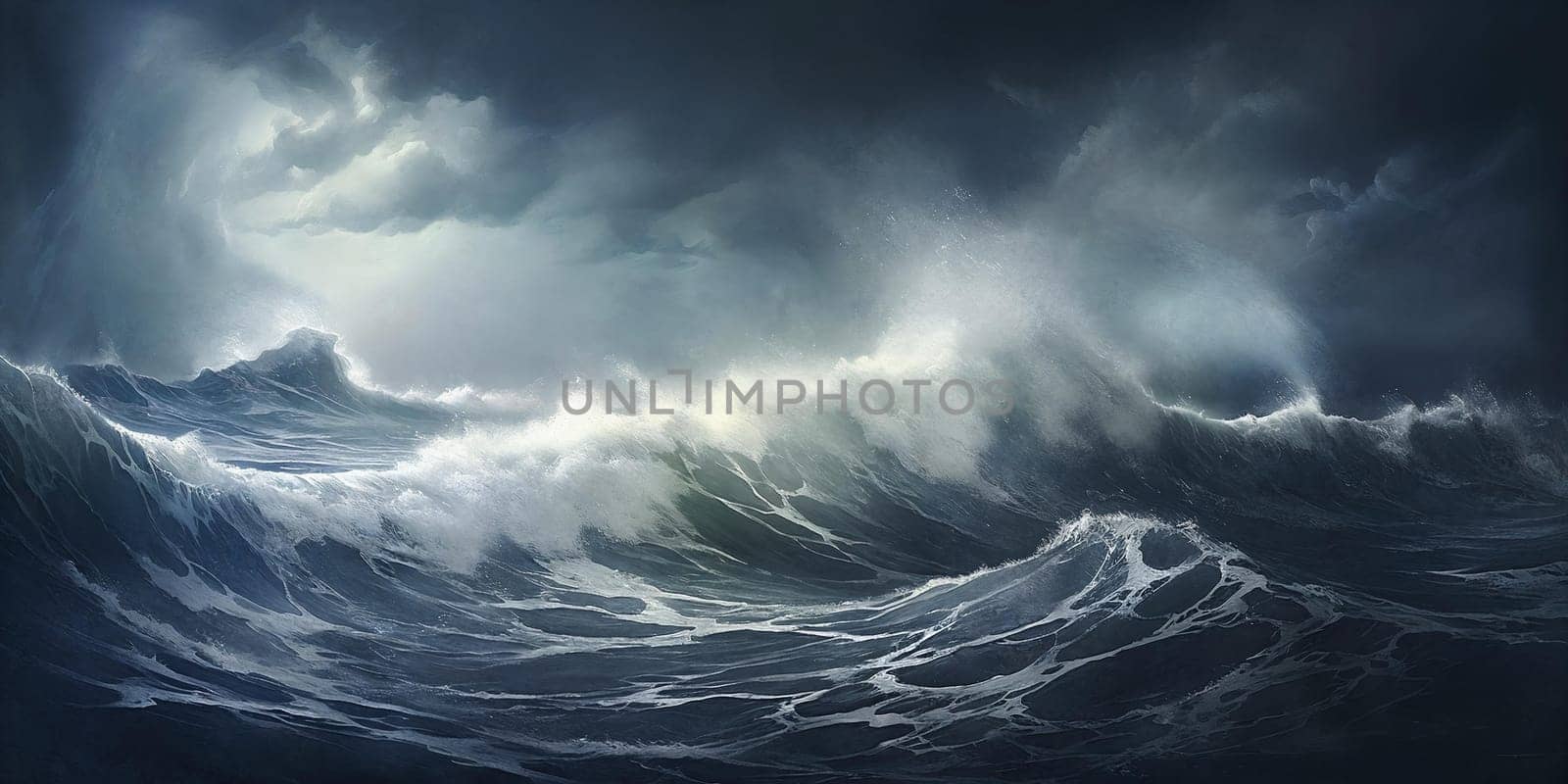 Stormy sea under dark clouds with sunset. Turbulent waters reflect a sense of power and danger. Generative AI.