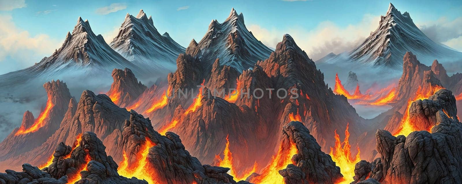 Dragons lair. Rugged grandeur of towering mountains, fierce crags, and treacherous cliffs. Sense of peril and majesty by including sizzling lava flows, billowing smoke