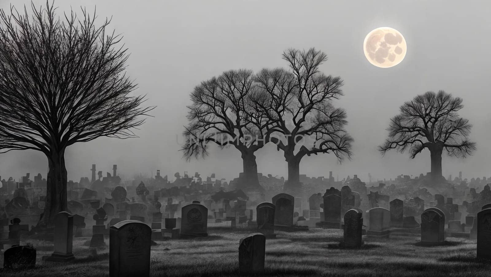 A hauntingly beautiful graveyard shrouded in mist, with weathered tombstones standing sentinel amidst gnarled trees and twisted branches reaching towards the moon.