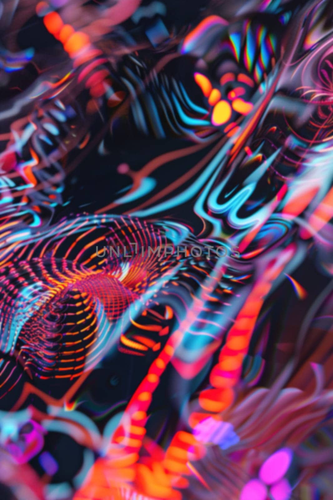 Abstract psychedelic Y2K-style background, featuring swirling neon patterns and a mesmerizing array of vibrant colors, ideal for creative projects, music album covers. Vertical picture. Generative AI