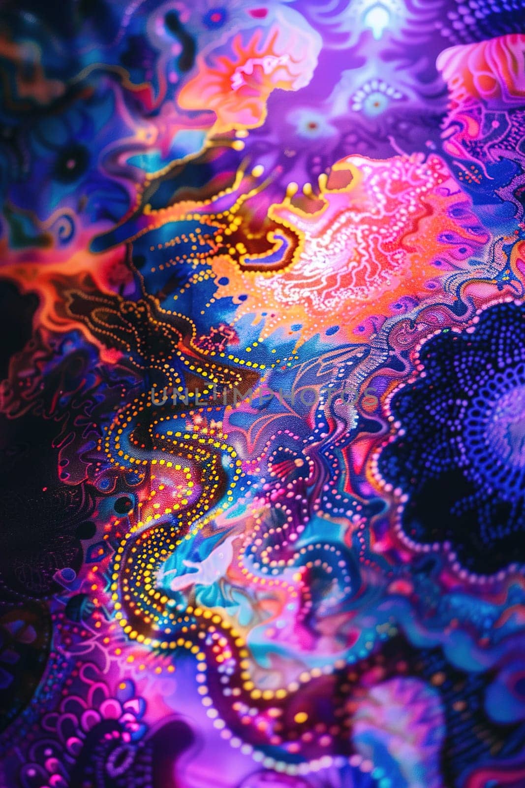 Vibrant abstract psychedelic background with swirling patterns in bold colors, ideal for creative projects, posters, or Y2K inspired designs. Optical illusion. Vertical format. Generative AI