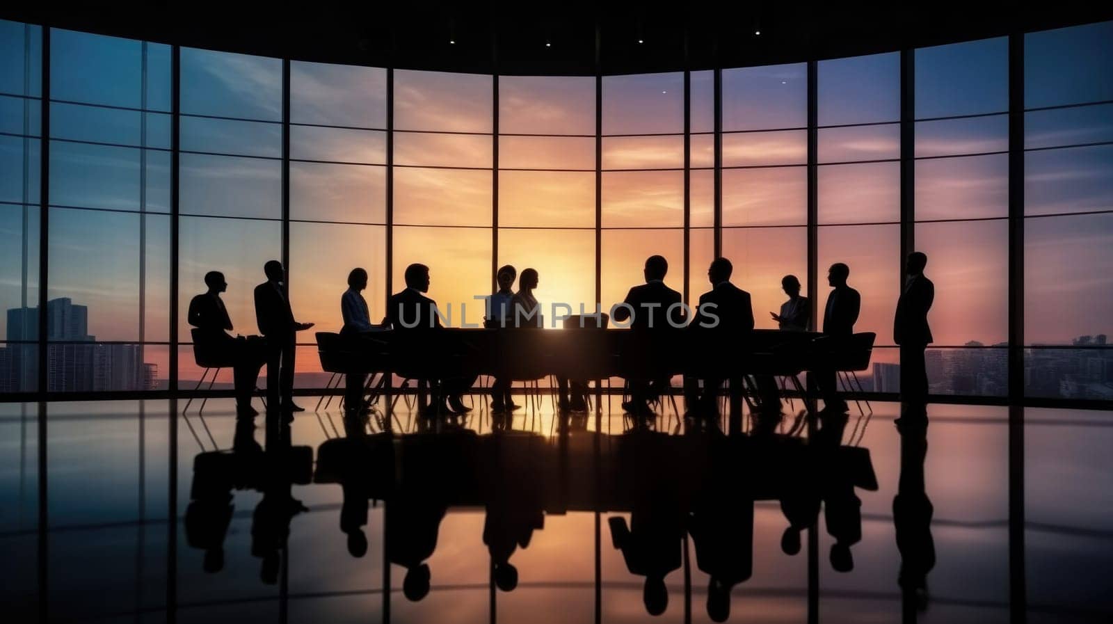 Silhouettes of group of business people against sunset comeliness