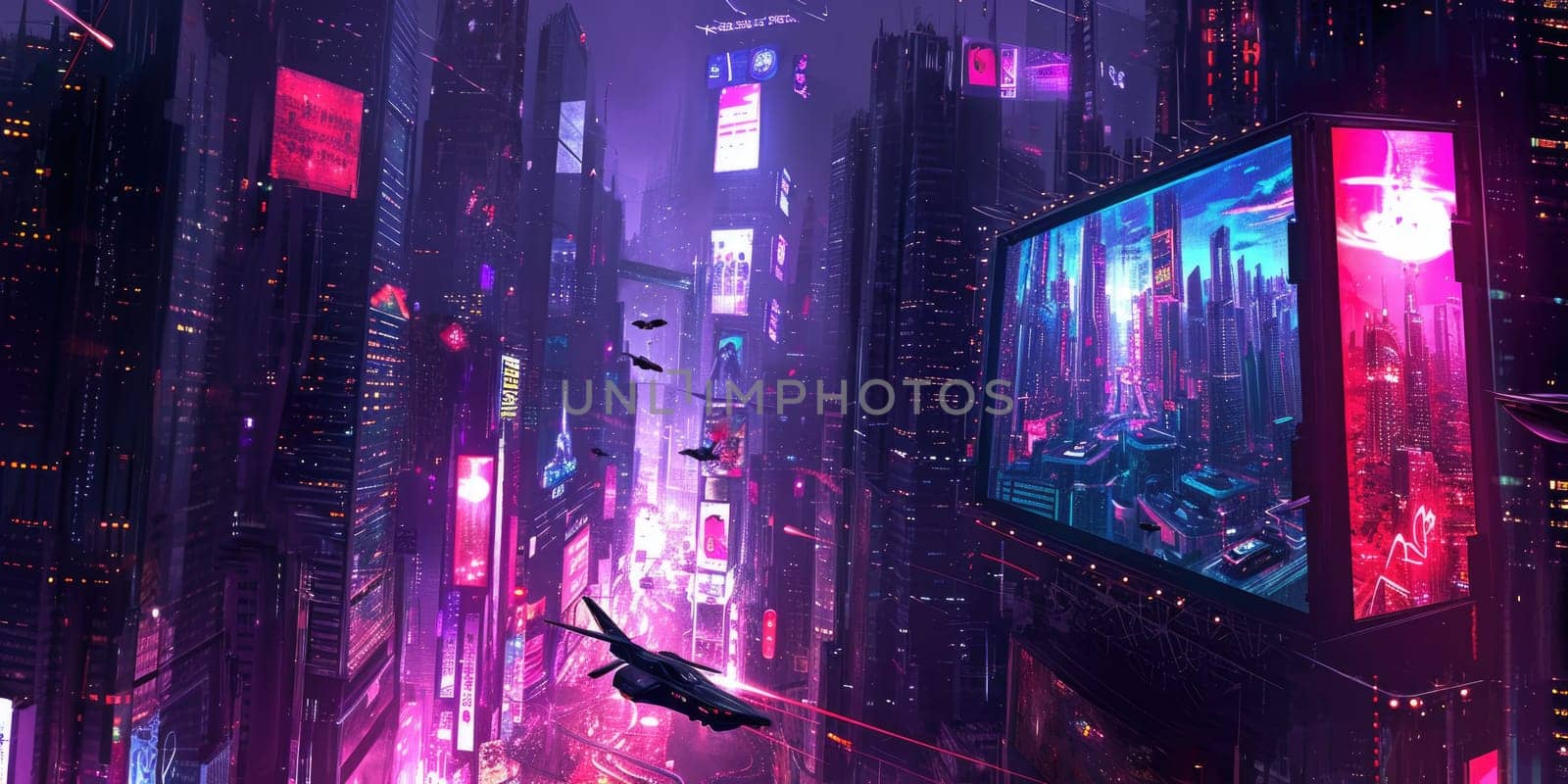 Futuristic city glows with soft hues, complemented by the sleek design of hovering vehicles above the vibrant skyline. Resplendent.