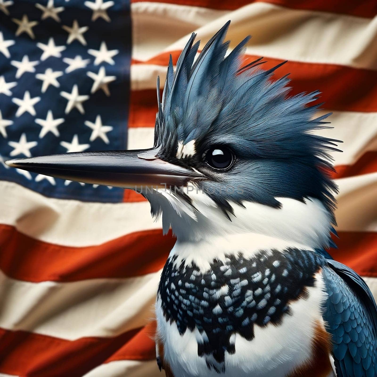 Belted Kingfisher against flag of USA, most common kingfisher species in US. High quality photo