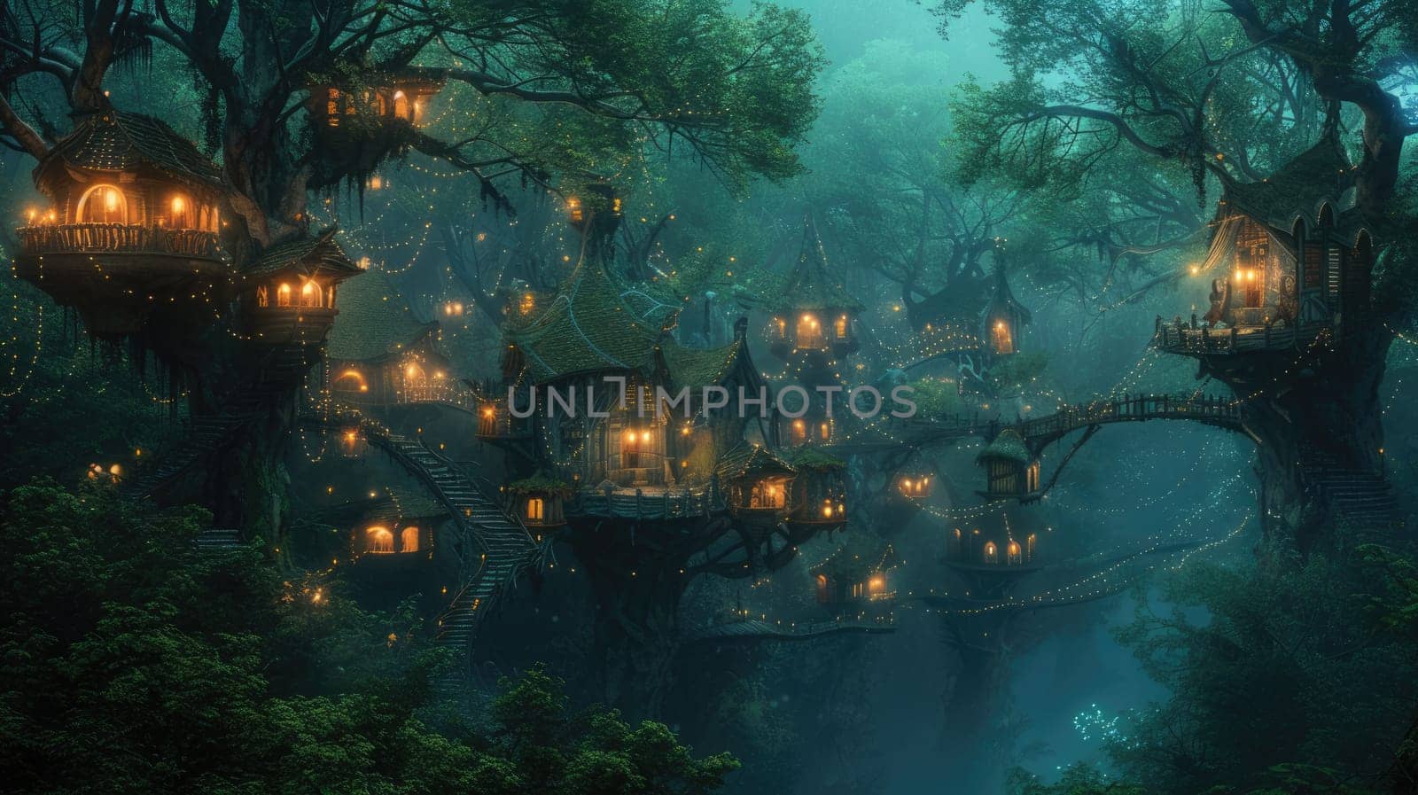 A fantasy scene of a hidden elven city in an ancient forest. Resplendent. by biancoblue