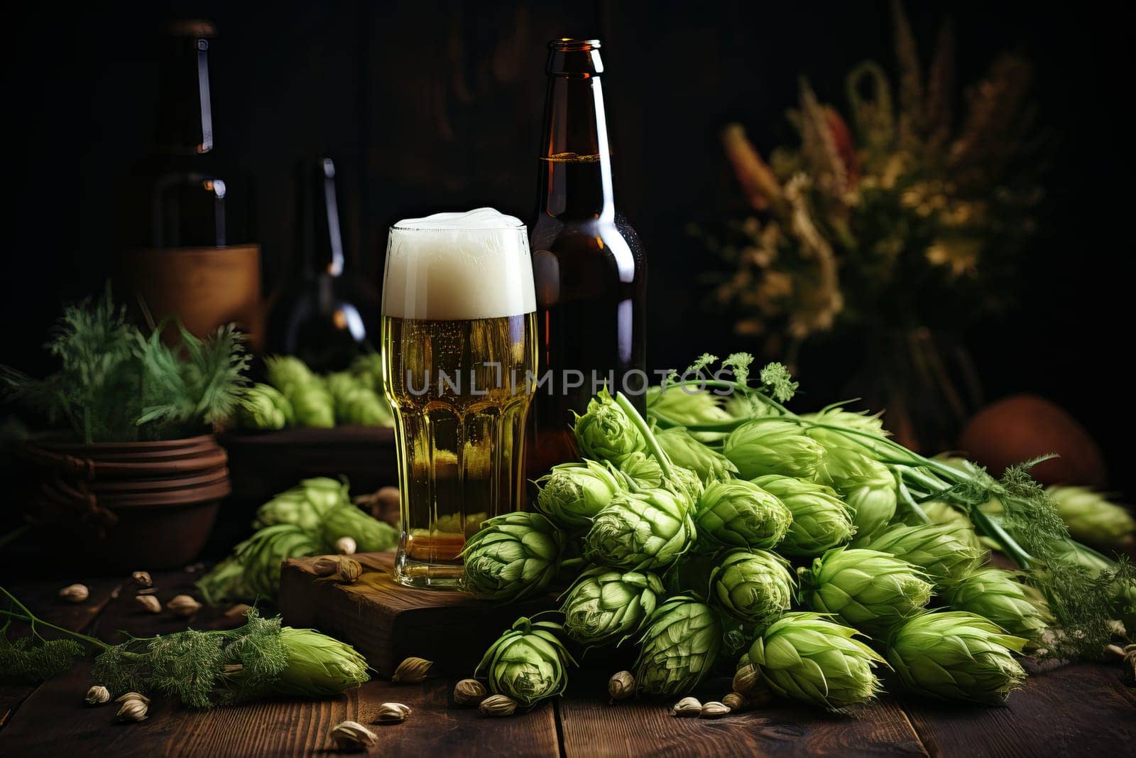 A bottle of beer on a wooden background with green hops . by Niko_Cingaryuk