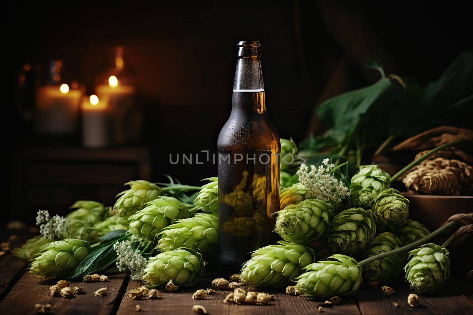 A bottle of beer and a glass of beer with foam on a wooden background with green hops.