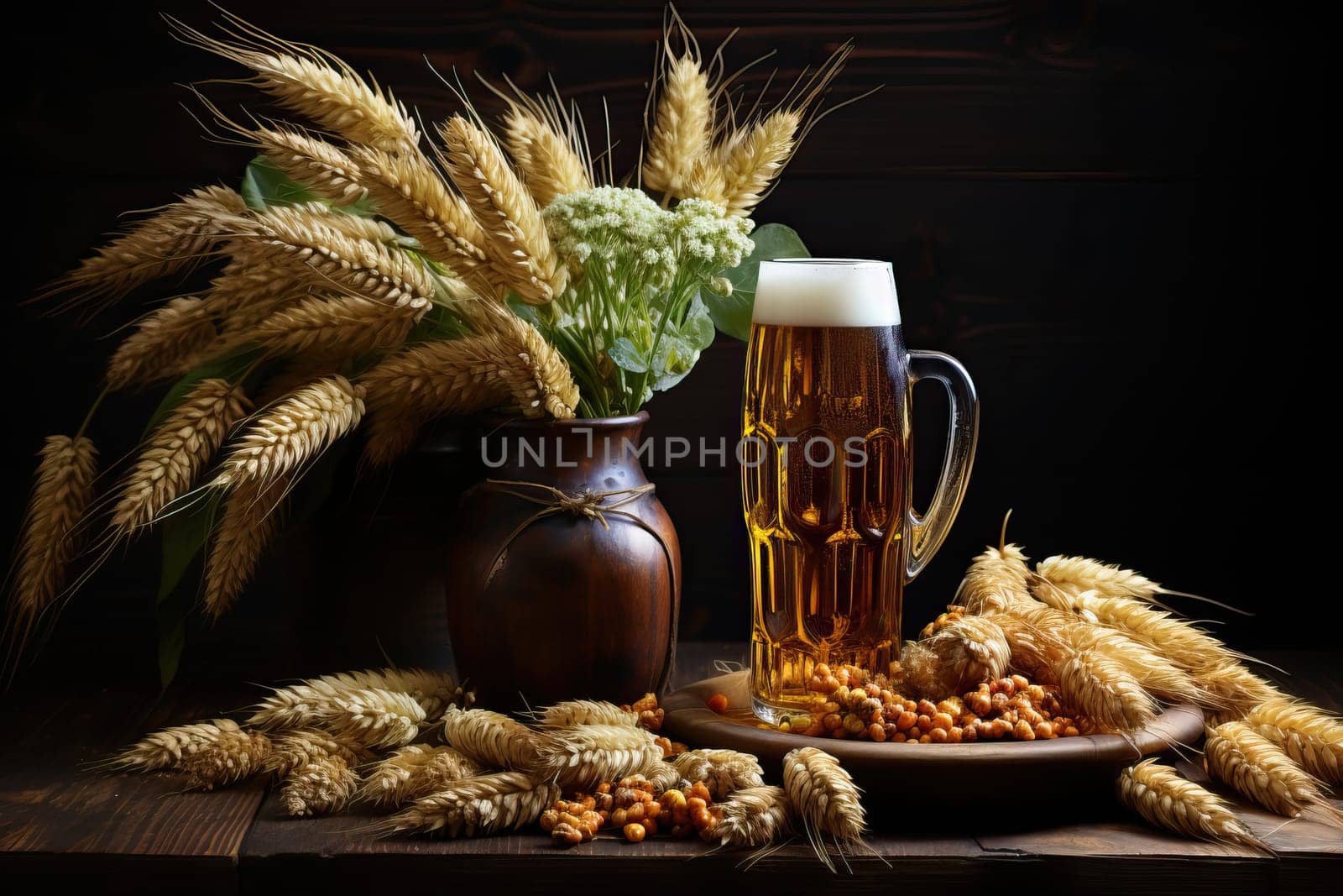 A bottle of beer and a glass of beer with foam on a wooden background with green hops and ears of wheat