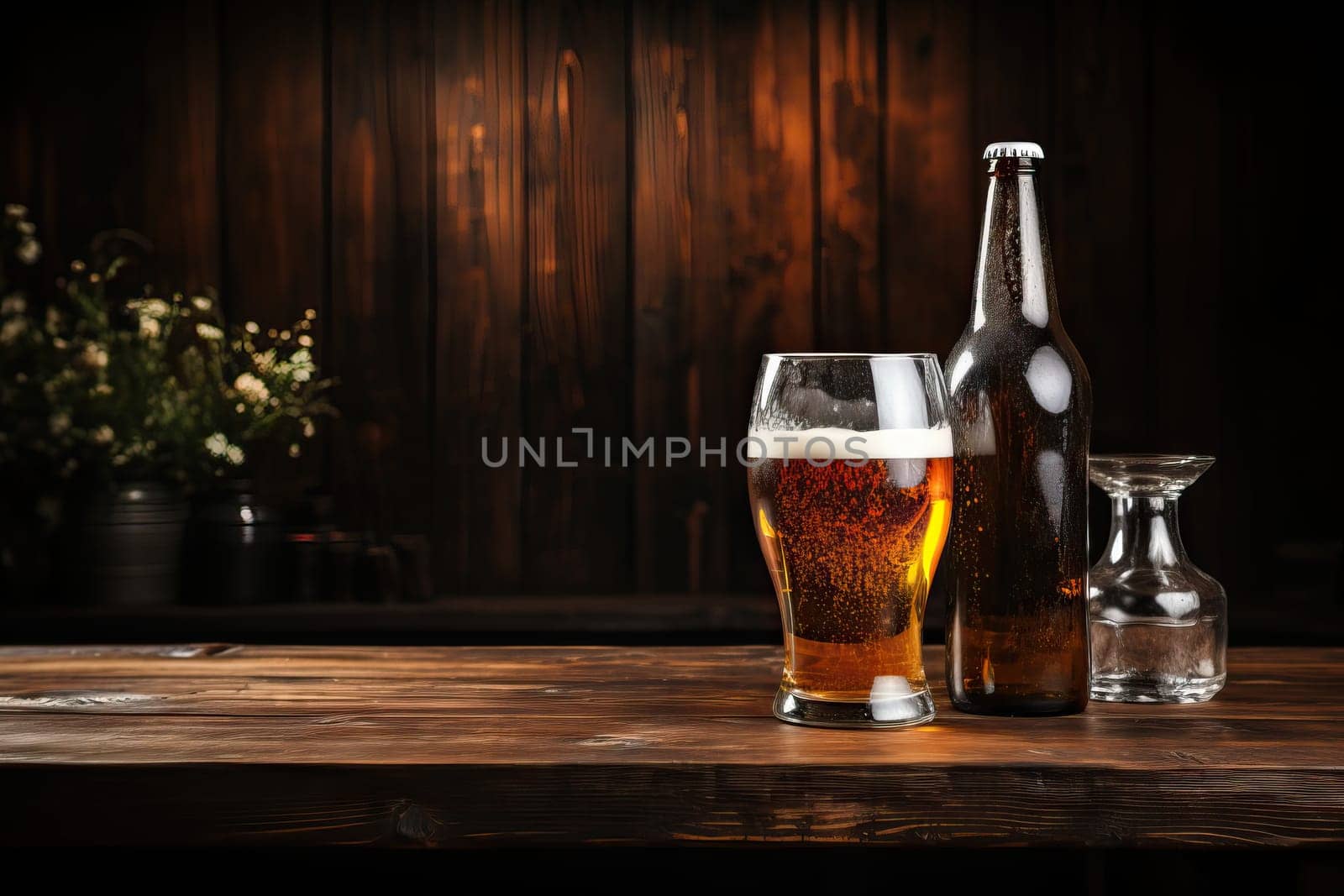 A bottle of beer and a glass of beer on a wooden background and a bouquet of flowers. by Niko_Cingaryuk