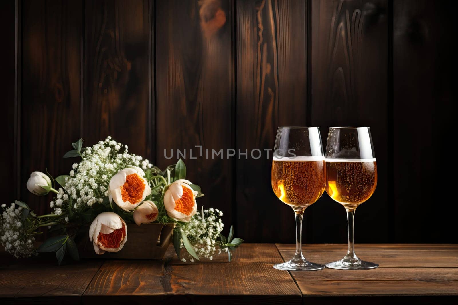 Two glasses of sparkling wine on a wooden background with a bouquet of flowers. by Niko_Cingaryuk