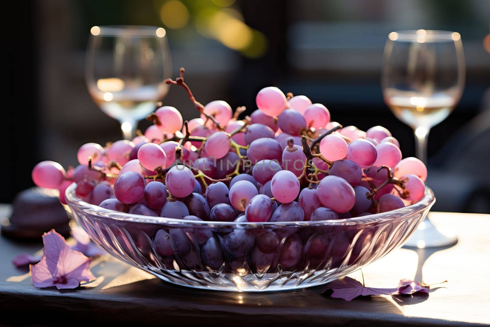 A bowl of purple grapes and two glasses sparkling wine on the table, fresh grapes.