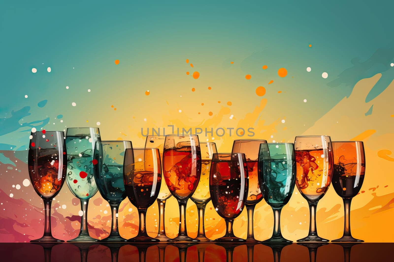 Glasses with drink on a bright background, banner and greeting card.