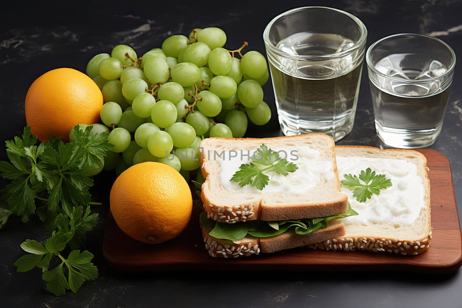 A sandwich with greens, grapes and an orange, two glasses of water on the breakfast table, the table cover is black.