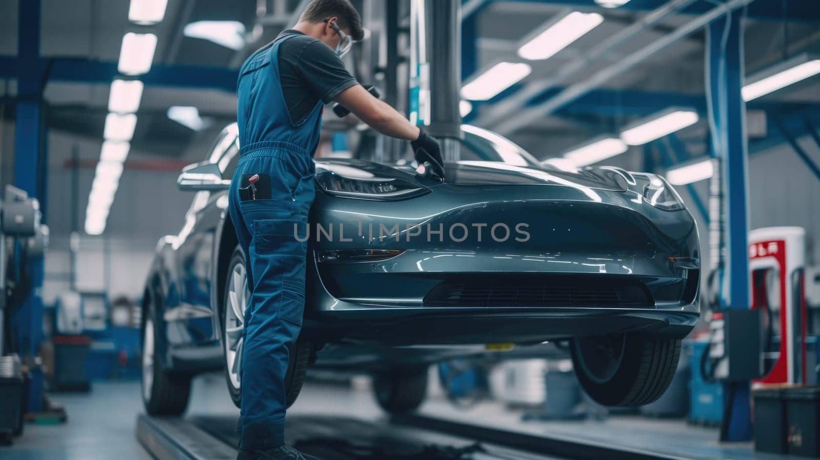 A mechanic fixing a car in an automotive factory AIG41