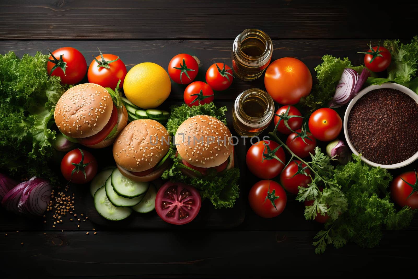 burgers and fresh vegetables on a wooden table, Top view by Niko_Cingaryuk