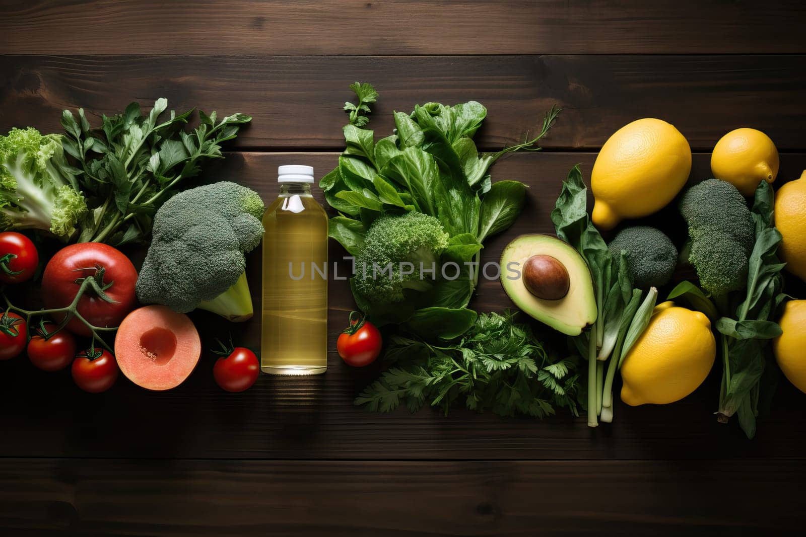 Fresh organic vegetables and fruits on wooden background. Healthy food and healthy life concept. by Niko_Cingaryuk