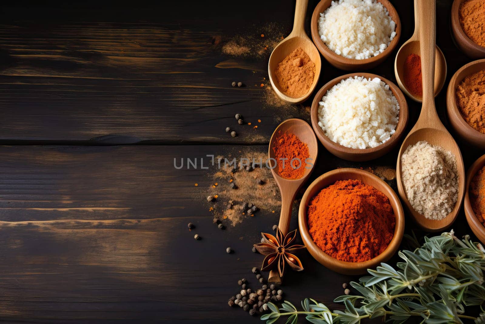 Various spices in wooden spoons on a wooden background. by Niko_Cingaryuk