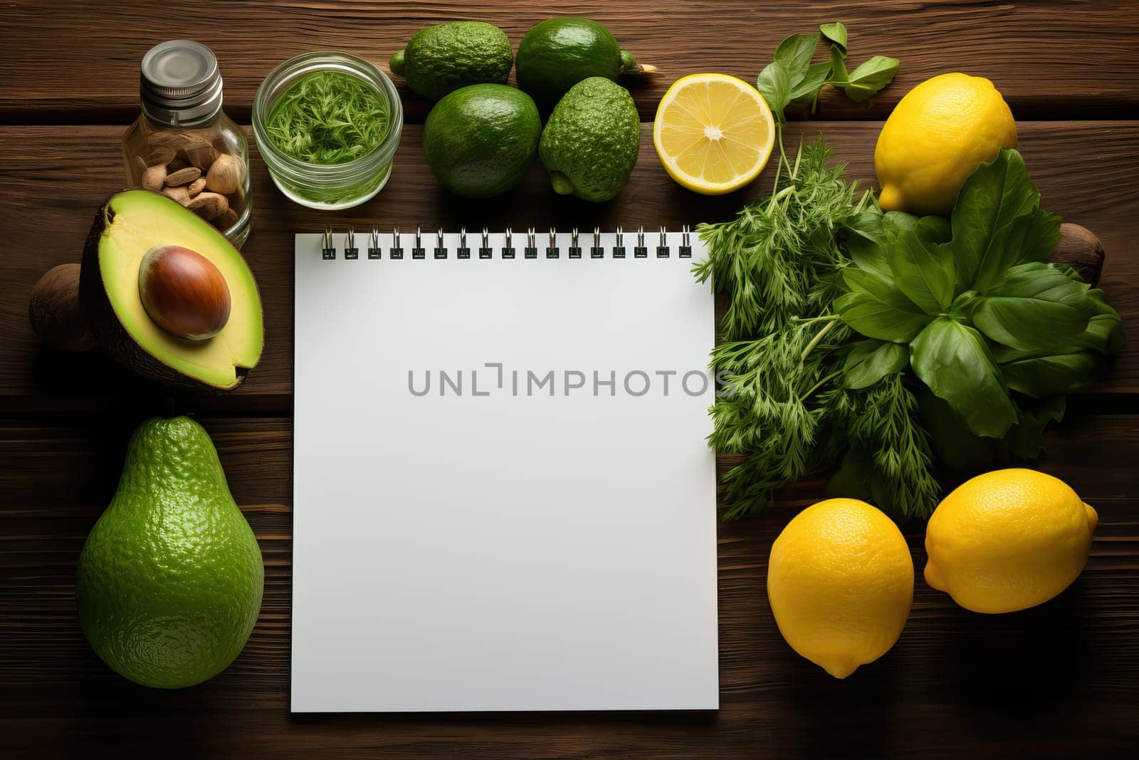 Fresh organic vegetables and fruits on wooden background. Healthy food and healthy life concept. White sheet of paper with copy space. by Niko_Cingaryuk