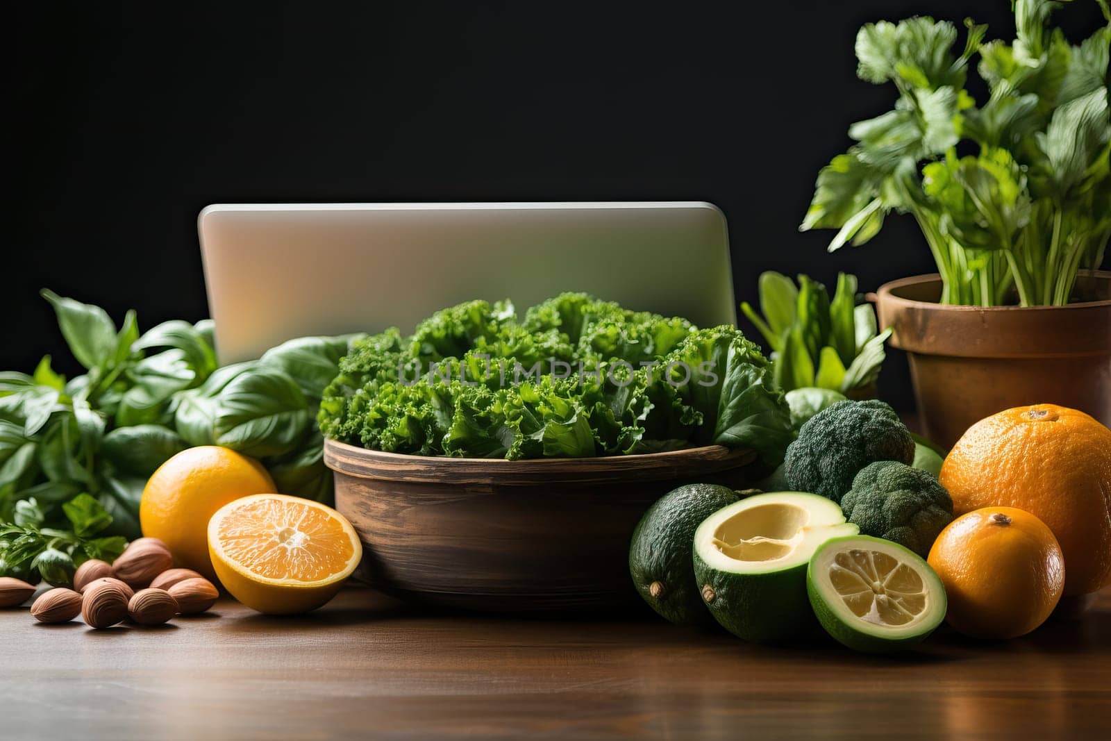 Healthy food background. Commercial food supermarket and pure vegan food concept. Online food delivery, laptop and vegetables on the table.