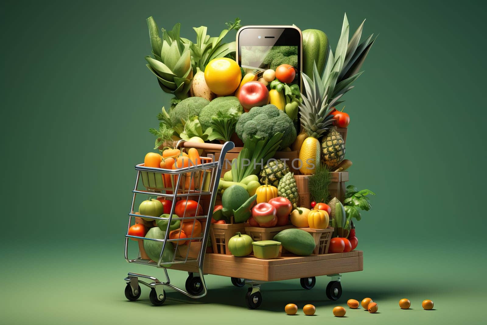 Online food ordering concept, mobile food ordering app, food using mobile apps. Abstract illustration of shopping in a supermarket. Many vegetables on a stand with shelves on a green studio background.