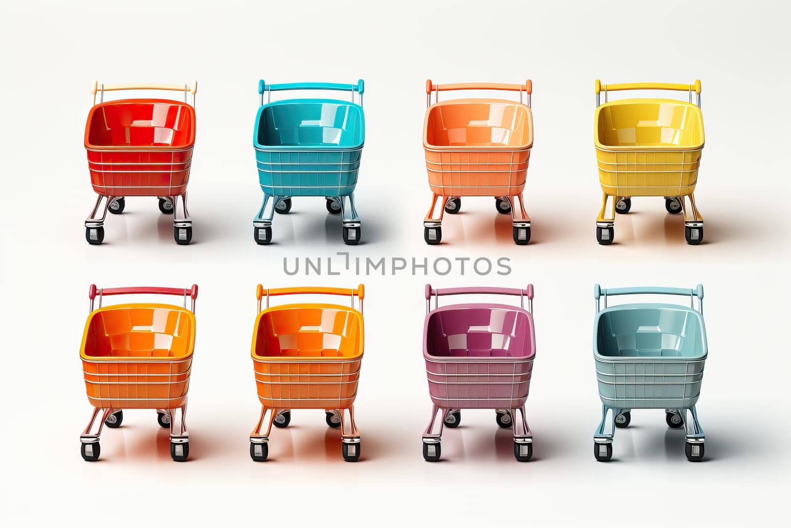 Collection of flying realistic shopping carts. A set of colorful grocery cart isolated on white background.