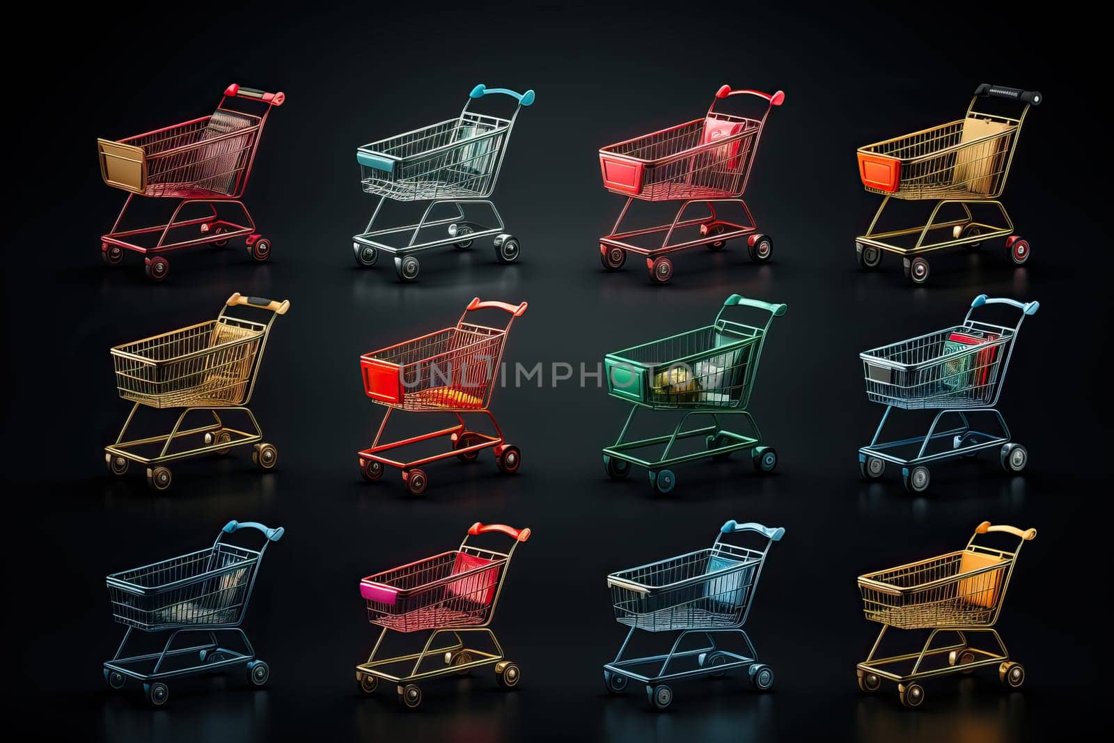 Collection of flying realistic shopping carts. A set of colorful grocery cart isolated on black background.