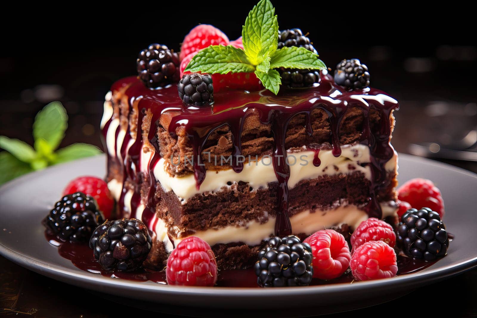 A piece of chocolate sponge cake with white cream and berries. by Niko_Cingaryuk