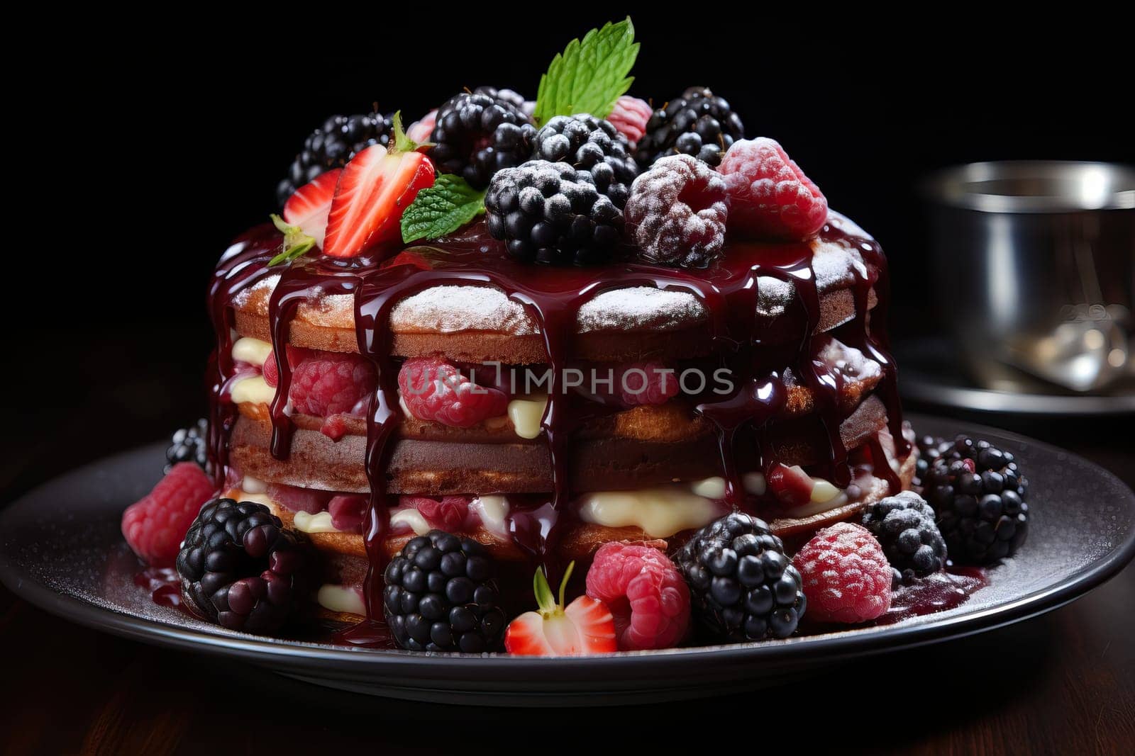 A piece of chocolate sponge cake with white cream and berries on a black background.