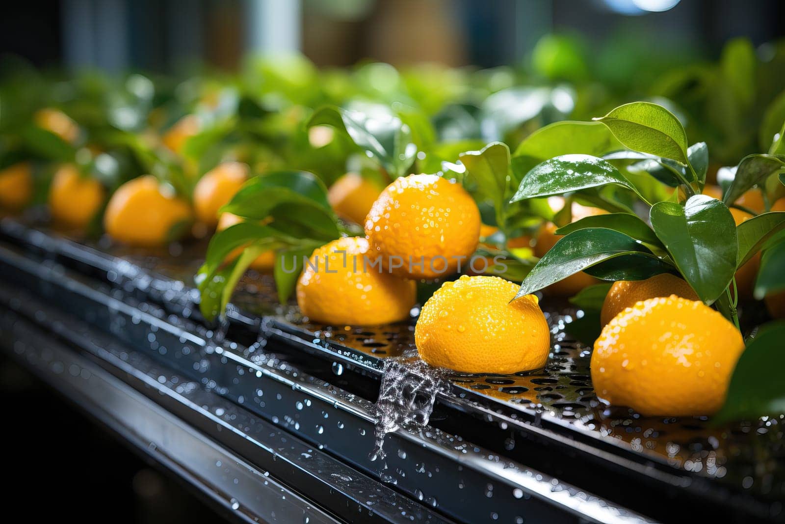 Close up orange citrus washing on conveyor belt at fruits automation water spray cleaning machine in production line of fruits manufacturing. Agricultural industry and innovation technology concept.