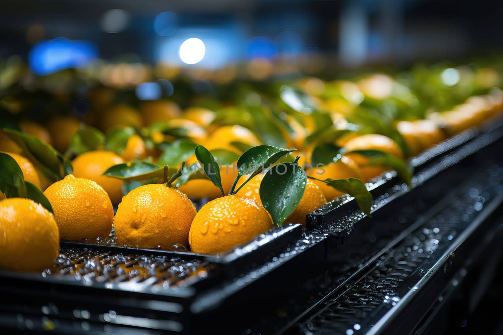 close up orange citrus washing on conveyor belt at fruits automation water spray cleaning machine in production line of fruits manufacturing. by Niko_Cingaryuk