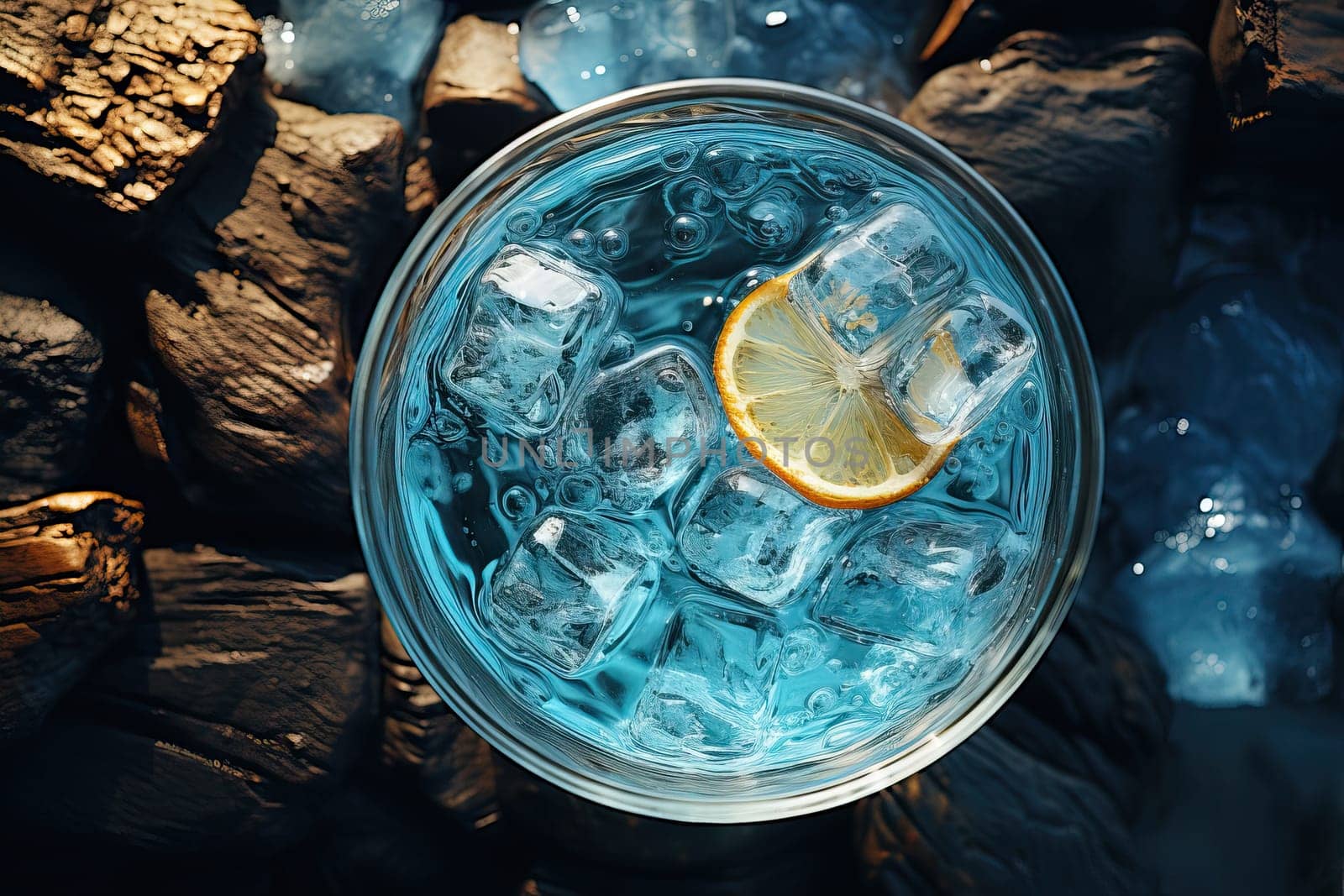Top view of drinking water with ice, refreshing glass of drink with ice. Summer non alcoholic cocktail with a lemon wedge.